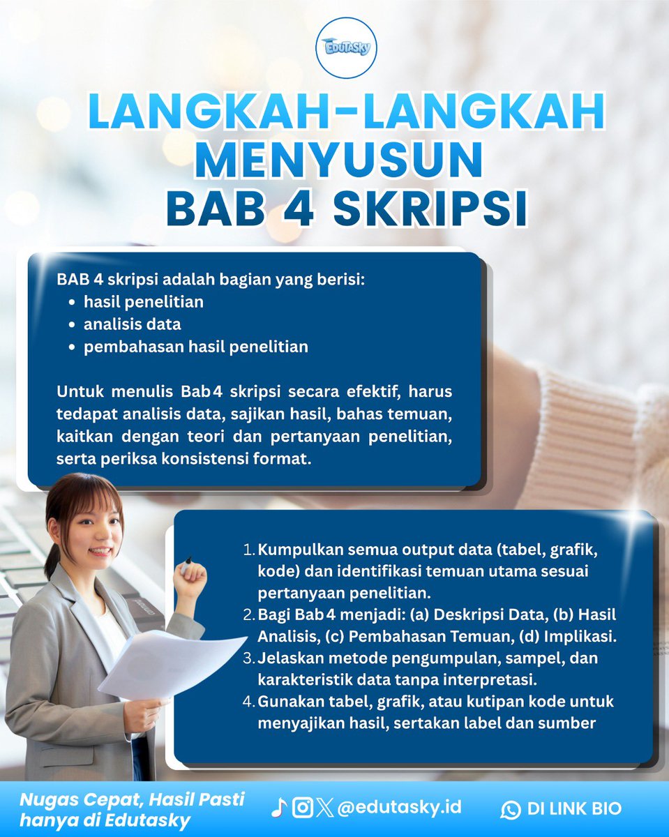 Edutaskyid's tweet photo. Bab 4 Skripsi Isinya Apa Aja Sih?

Jangan sampai udah penelitian tapi masih bingung nulis bab 4 skripsimu😭

Kalau masih bingung, bisa konsultasikan ke https://t.co/PPondURaKq ya!^^ https://t.co/CUVO7vnR3m