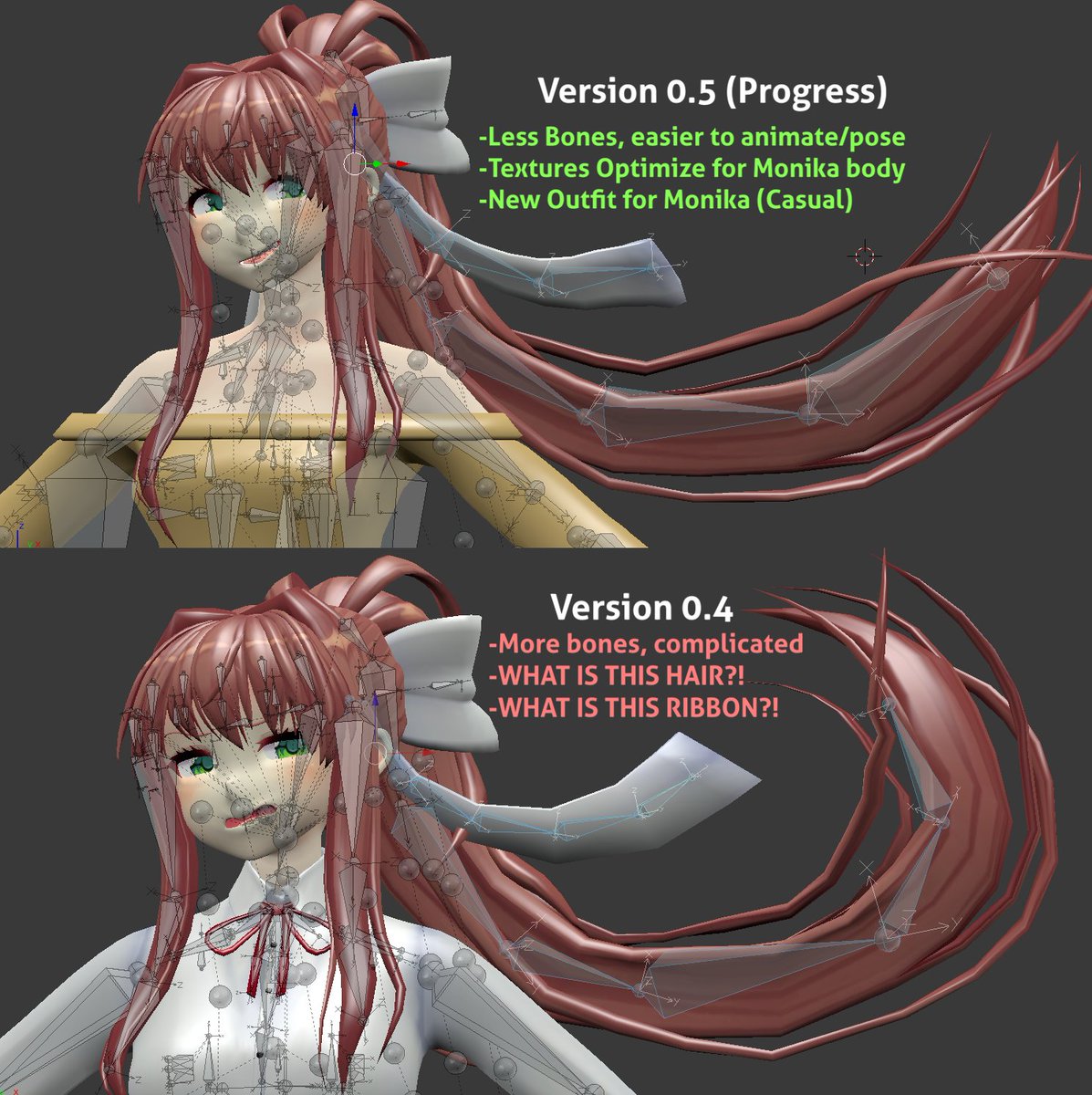 AnimakerSource's tweet photo. [WIP]
Now finally I'm working back for Monika remake model!
I think now I have enough time for working a new version of Monika, focusing optimization and DDLC Plus stuff!

I'm still working animations, frickbears, etc. stuff. https://t.co/goTVOg6I2I