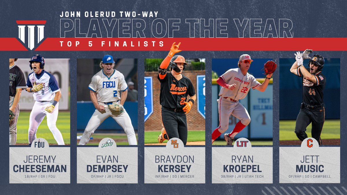 CollegeDiamonds's tweet photo. Your top 5️⃣ guys making an impact all over the game - the John Olerud Two-Way Player of the Year finalists 🔥

⚾️ Jeremy Cheeseman, @FDUKnightsBase 
⚾️ Evan Dempsey, @FGCU_Baseball 
⚾️ Braydon Kersey, @MercerBaseball 
⚾️ Ryan Kroepel, @UtahTech_BASE 
⚾️ Jett Music, @GoCamelsBSB https://t.co/bo3m4fnzxD