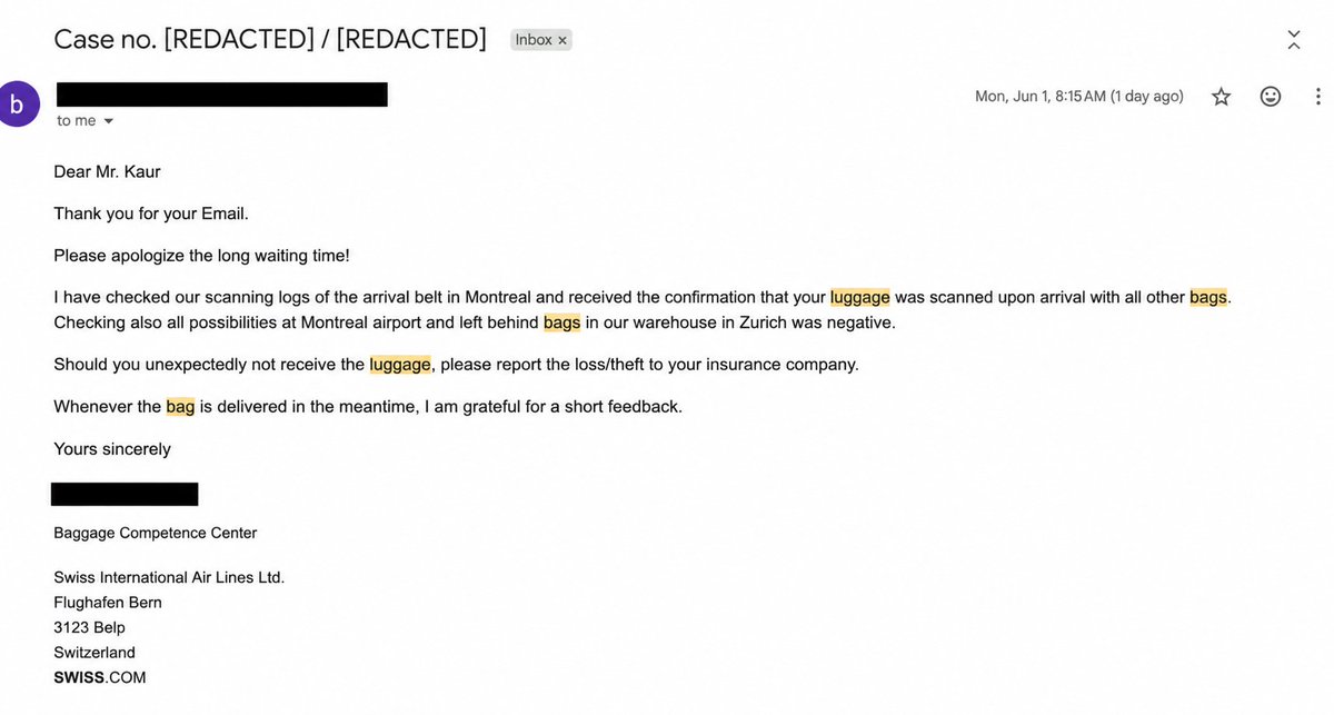 heyhash9's tweet photo. @AirPassRightsCA @FlySWISS @lufthansa @CTACanada Email suddenly received on june 1, after 20 days of ghosting - once CTA complaint was raised. https://t.co/yVtd6wiMYo