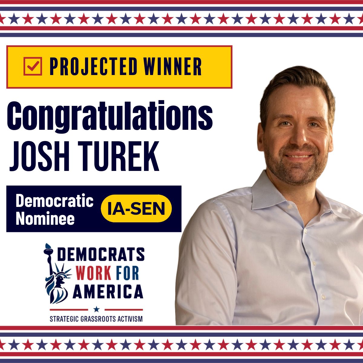 RachelAzzara's tweet photo. Congratulations! JOSH TUREK has won the Democratic nomination for IA-SEN! All gas! No brakes! Let's flip this seat!
#IASEN #Iowa #WinBlue https://t.co/UXQaYfgFeK