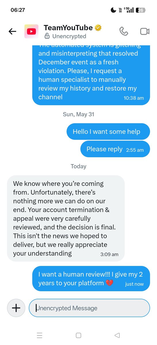 Rizxi72's tweet photo. @TeamYouTube In DMs, your team is sending copy-paste 'final decision' bots without looking at my proofs!
My channel was verified and monetized on May 8, 2026, and deleted by your bot on May 19.
I am posting my 5 timeline proofs here in public. Stop closing my case in DMs and Do A Human Review https://t.co/tlU4xAQZDR