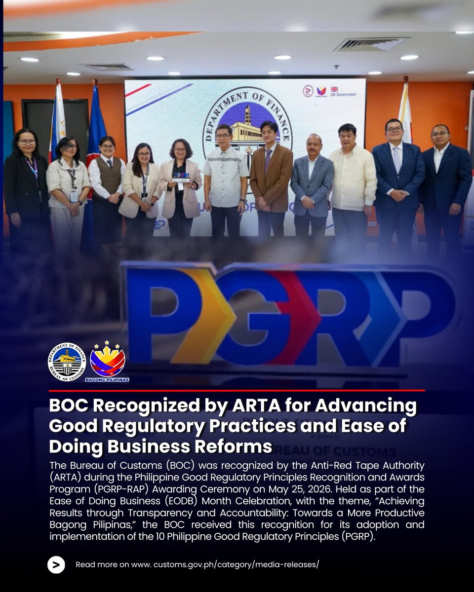 CustomsPH's tweet photo. #BOCNewsToday | BOC was recognized by ARTA for adopting and implementing the 10 Philippine Good Regulatory Principles, reaffirming its commitment to better regulatory practices and ease of doing business.

Read more: https://t.co/lvK36iVozJ https://t.co/g5CPZCNsXw