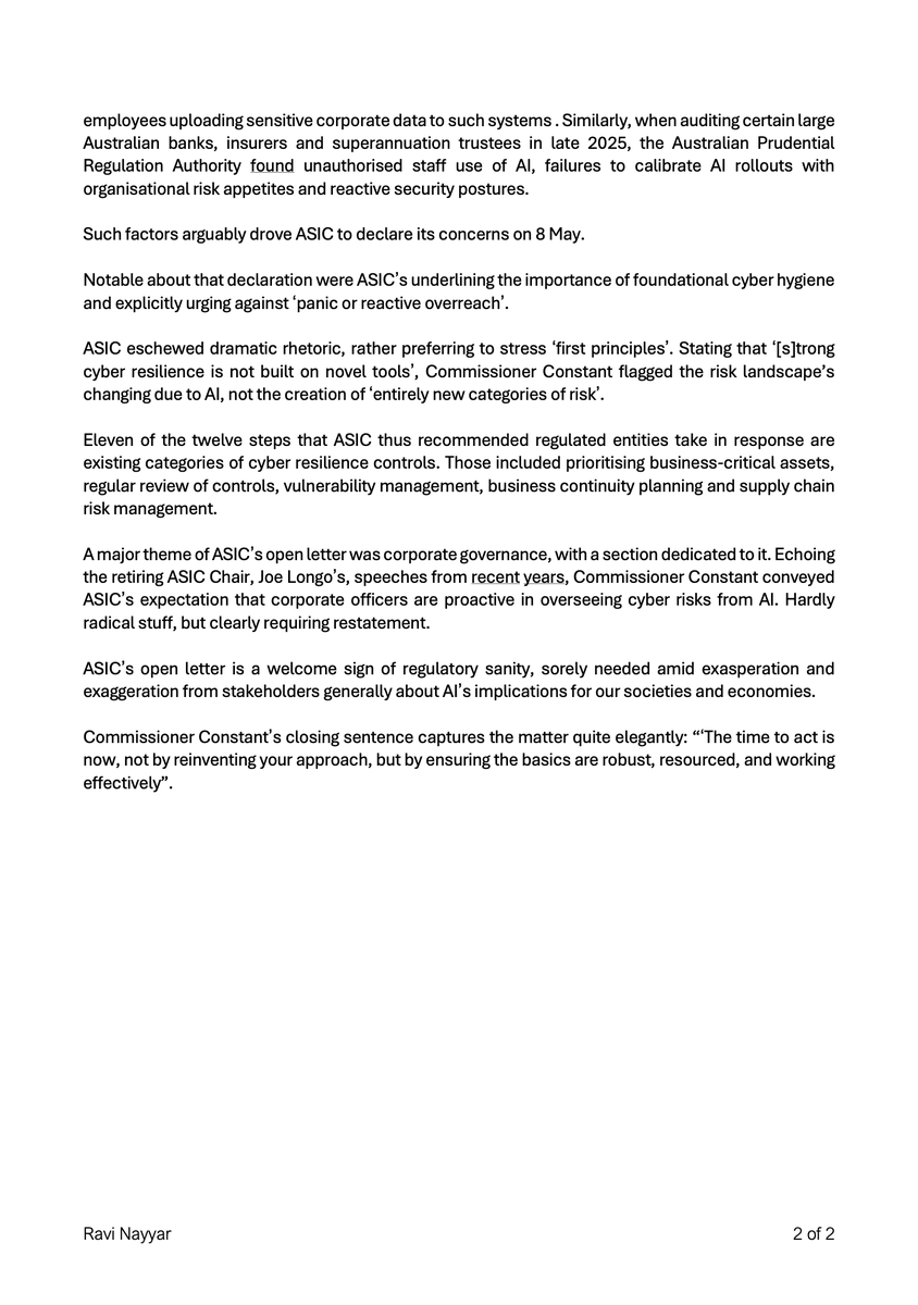ravirockks's tweet photo. Pleased to share my first news commentary as a Fellow for the Social Cyber Institute. 

I look at @asicmedia's May open letter to its regulated population on tackling cyber risks from AI. I welcome that letter as a sign of regulatory sanity amid a lot of hand-waving on AI. https://t.co/wjjSRgiPvz