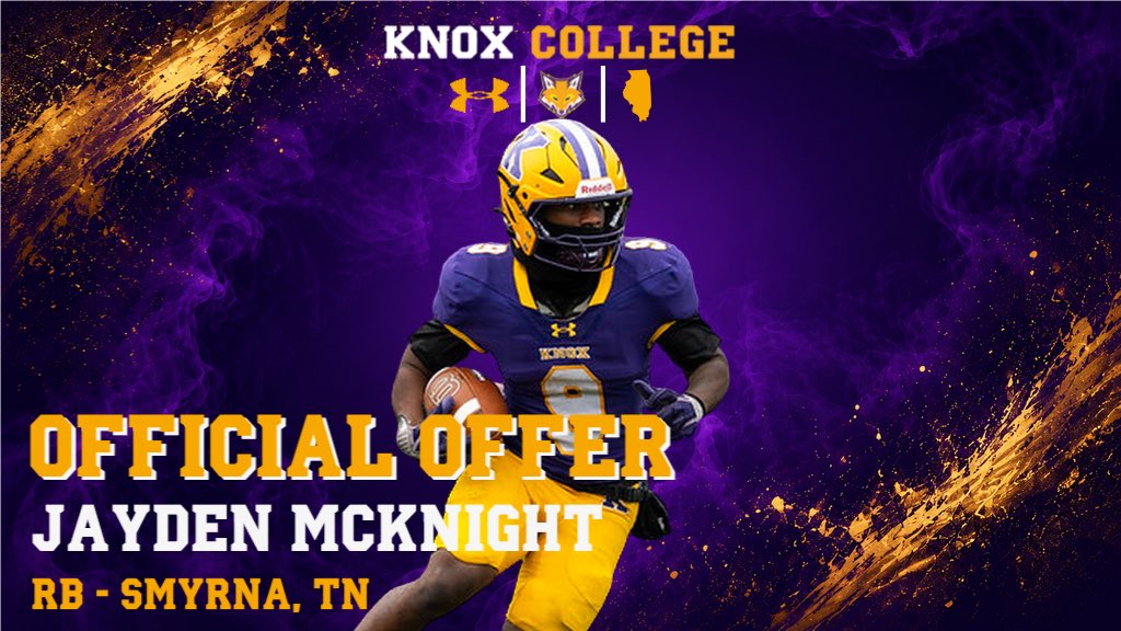 jaydenmcknight_'s tweet photo. After a great conversation with @CoachDoughtyp, I am blessed to receive an official offer from Knox College!🟪🟨

@StewartsCreekFB @CoachBWaite @reesesteven2 @PrepRedzoneTN @CoachDoughtyp @FB_KnoxCollege https://t.co/PvMbefOBff