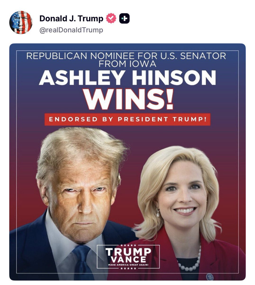 GuntherEagleman's tweet photo. Ashley Hinson wins US Senate seat in Iowa… Trump endorsed! https://t.co/1PJ0aQXqT8