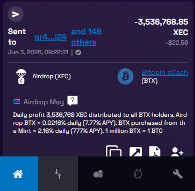Bitcoin__eCash's tweet photo. We made the right decision by shorting BTC yesterday, earning a sweet +2% to share with all $BTX holders.

Today's $BTX profit share is 3,536,768 $XEC and has been distributed.

Airdrop $BTX= 0.0216% daily (7.77% APY).
Purchased $BTX from the mint = 2.16% daily (777% APY). https://t.co/m4IgJo1VHb