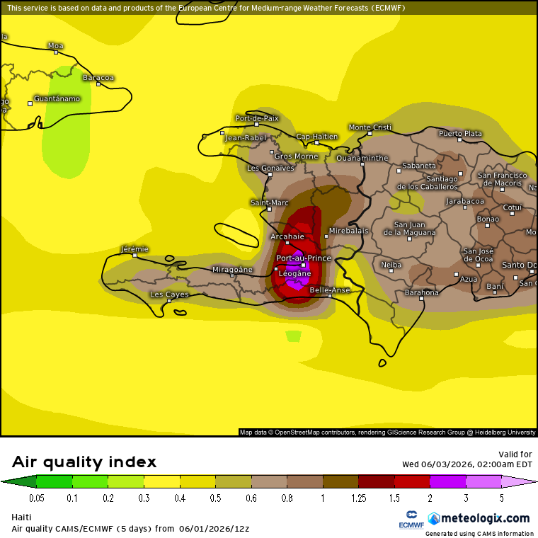 RudyMeteo's tweet photo. ⚠️😷 Kalite lè a kapab pi mal aswea ak pandan yon bon pati nan jounen demen sou zòn Pòtoprens-Leyogàn. SAL + polisyon nan basin Port au Prince kapab degrade lè a espesyalman pou moun ki gen opresyon, alèji oswa pwoblèm respiratwa. https://t.co/Tx3MfmxoA8