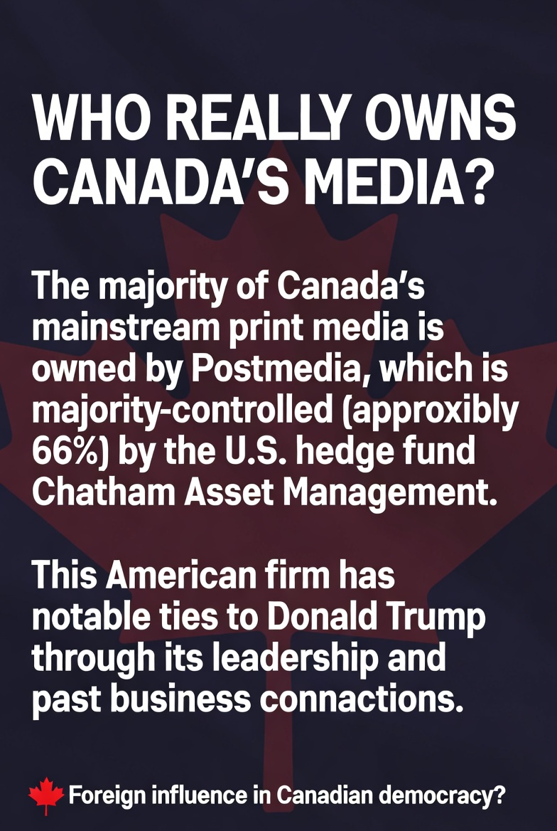 sytsema_andy's tweet photo. The majority of Canada’s mainstream print media is owned by Postmedia, which is majority-controlled (approximately 66%) by the U.S. hedge fund Chatham Asset Management. This American firm has notable ties to Donald Trump through its leadership and past business connections. Who would of known?
As Justice Marie-Josée Hogue, Commissioner of the Foreign Interference Inquiry, warned: “The greatest threat to our democracy — the one that threatens its very existence — is disinformation.”