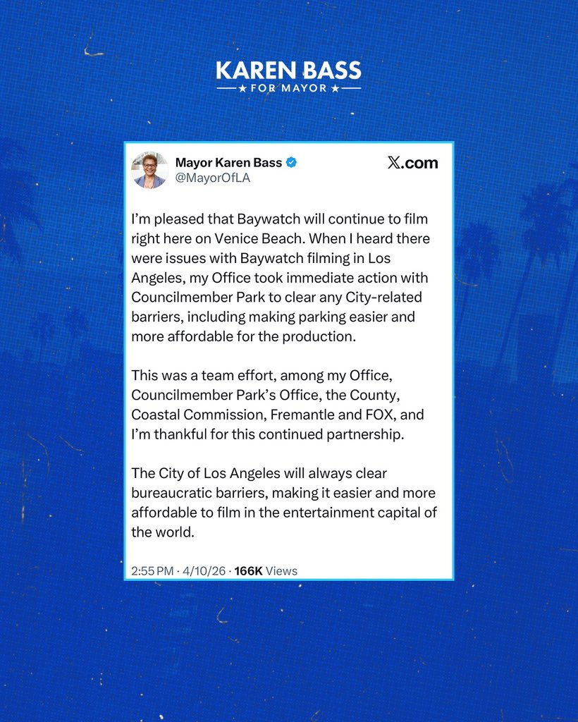 KarenBassLA's tweet photo. When barriers threatened filming on Venice Beach, I brought partners together, cut through bureaucracy, and found solutions. 

I’m making it easier to film in Los Angeles so that we keep good paying Hollywood production jobs right here in LA. https://t.co/RfT19qvSWN