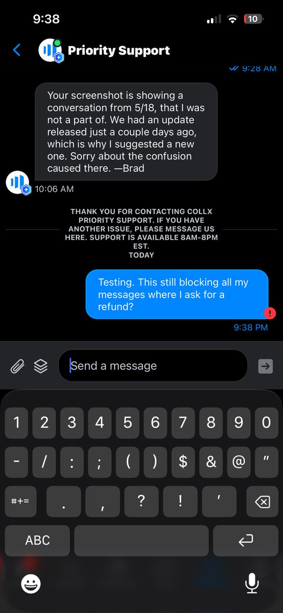 CalebG_13's tweet photo. @CollX_App wanna explain why any message I try and send asking for a refund for an app that’s not working…is being blocked and then deleted by your platform? All other messages went through… https://t.co/VmqZEmyiEo