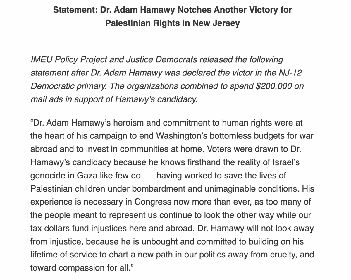 imeupolicy's tweet photo. Voters were drawn to Dr. Hamawy’s candidacy because he knows firsthand the reality of Israel’s genocide in Gaza like few do —  having worked to save the lives of Palestinian children under bombardment and unimaginable conditions.

Our statement with @justicedems: https://t.co/oOavVrIoun