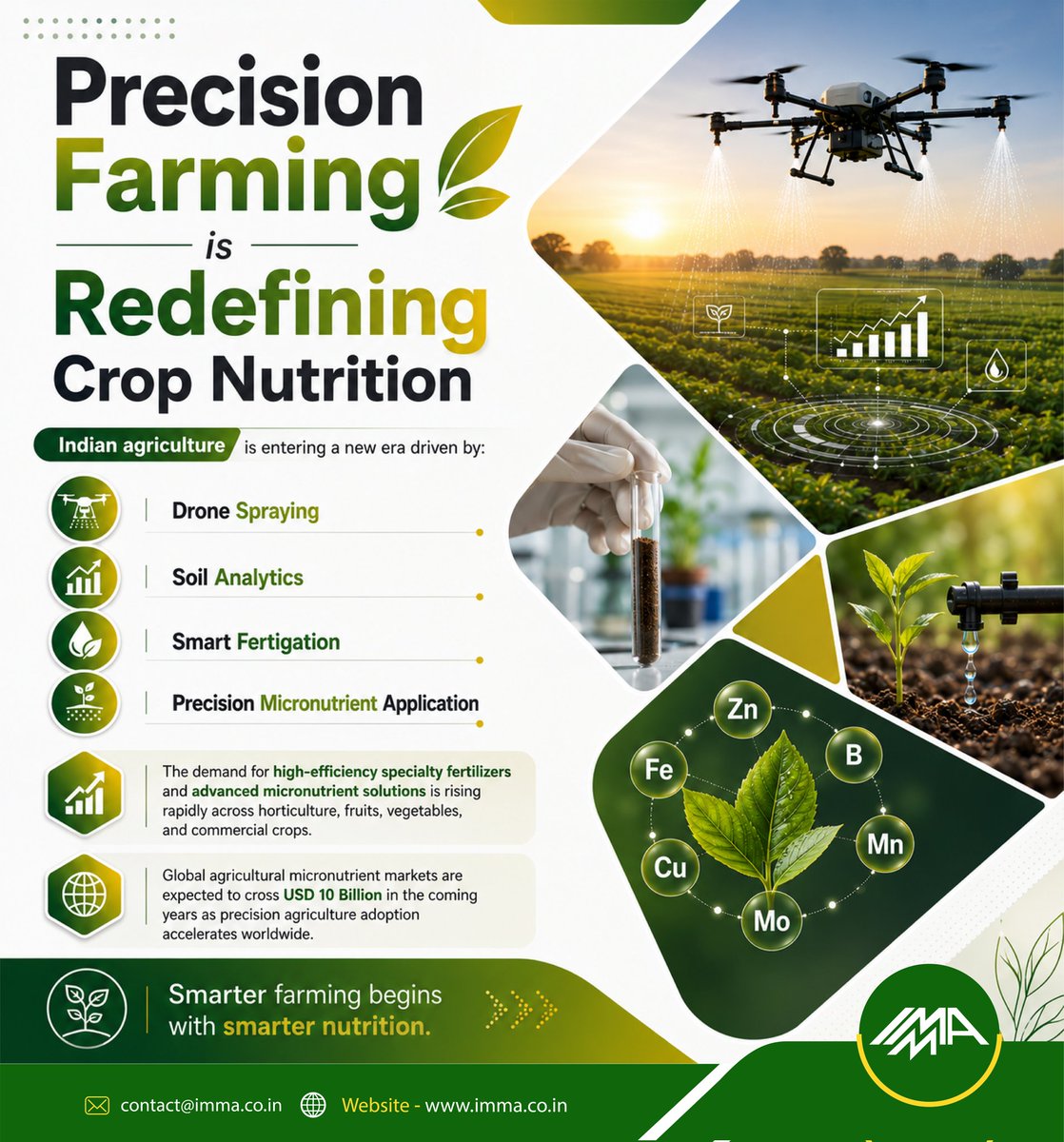 IMMAAssociation's tweet photo. Precision farming is transforming crop nutrition 🚜🌱
✔️ Drone spraying
✔️ Soil analytics
✔️ Smart fertigation
✔️ Precision micronutrients
Smarter farming begins with smarter nutrition.
#PrecisionFarming #AgriTech #CropNutrition #SmartAgriculture #FarmersFirst https://t.co/UVveTa1ZFu