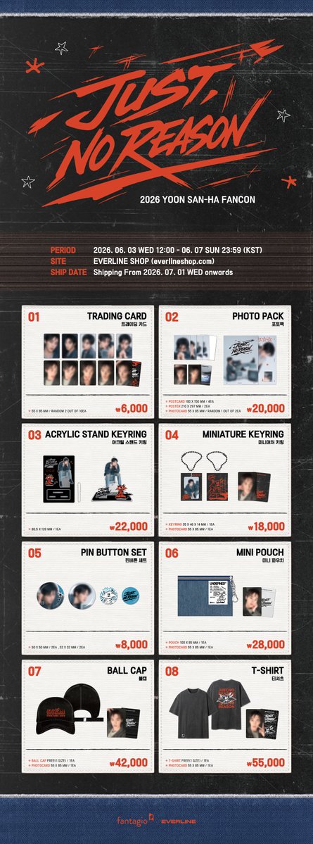 EVERLINESHOP's tweet photo. 📺윤산하 2026 FANCON [JUST, NO REASON] MD 
ONLINE SALES OPEN!📺

📅 2026.06.03(WED) 12:00 ~ 2026.06.07(SUN) 23:59 (KST)
🔗KR : https://t.co/bRAYr9BXcq
🔗EN : https://t.co/k2tj2ApnPp
🔗CN : https://t.co/etmcpekI3E
🔗JP : https://t.co/PCamVmtOVT

✨5만 원 이상 구매 시, 미공개 포토카드 1종 랜덤 증정
✨10만 원 이상 구매 시, 추첨을 통해 사인 폴라로이드 1매 증정

#YOONSANHA #윤산하
#YOONSANHA_FANCON #JUST_NO_REASON
#EVERLINE #에버라인