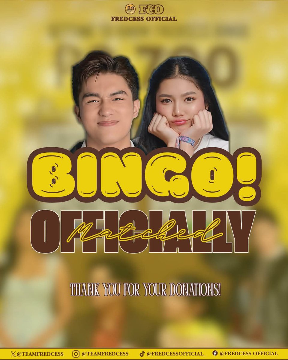 teamfredcess's tweet photo. 🟨 BINGO! Officially Matched! 🟨
A huge, heartfelt THANK YOU to everyone who participated and donated to our Getting to Know Fredcess Bingo! 😭💛 Your overwhelming love and generosity never fail to amaze us. Because of your endless support, we are one step closer to making our upcoming plans a reality!
We see all your efforts, Team Live and Team Online! Let's keep this beautiful energy going for Fred and Princess. Maraming salamat po, Fredcess fam! ✨
#Fredcess #FredcessOfficial #FCO