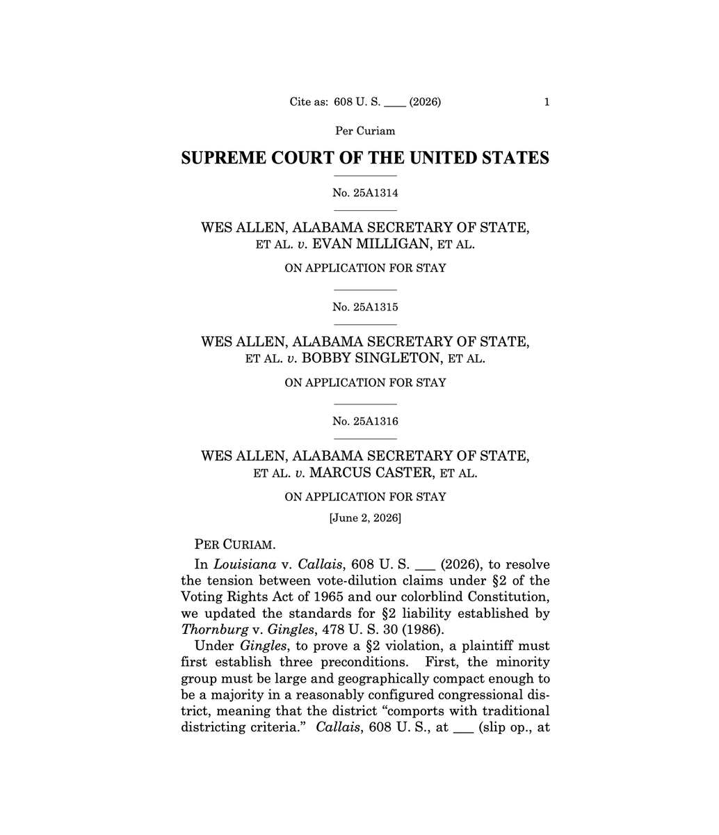 alexangle_'s tweet photo. New: The Supreme Court allows Alabama to use the GOP-friendly congressional map, stripping Alabama of its second Democratic-held seat. #ALPolitics https://t.co/OomyRNncJL