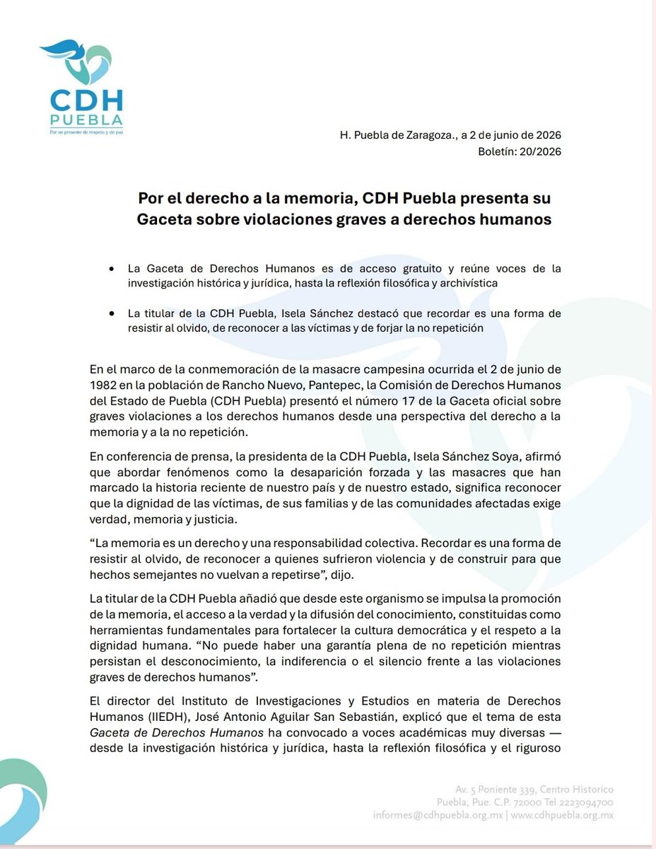 CDHPuebla's tweet photo. #Boletín| Por el derecho a la memoria, CDH Puebla presenta su Gaceta sobre violaciones graves a derechos humanos https://t.co/GvX9iLwXYy