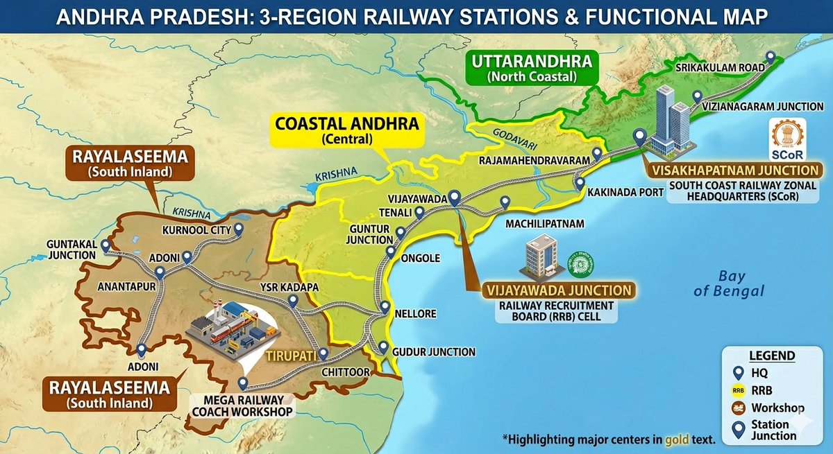 GreaterBezawada's tweet photo. A balanced railway vision for AP:

📍Visakha – SCoR HQ
📍Vijayawada – RRB Cell
📍Tirupati – Mega Coach Workshop

Spreading key railway institutions across regions ensures administrative, employment &amp; industrial benefits reach the entire state, fostering balanced growth.
#SCoR #AP https://t.co/Xb9Mf7U2tD