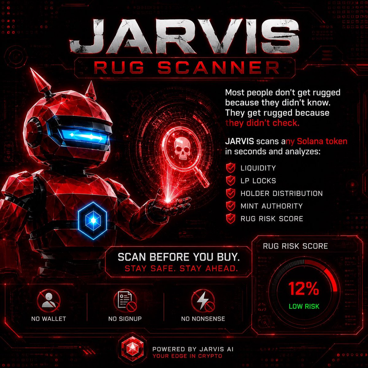 Autonomousaii's tweet photo. 🪂 COMMUNITY AIRDROP CAMPAIGN 🪂

❤️ Like 🔁 Repost 📢 Share and Follow Us.

Your  journey for a chance to be eligible for future community rewards after launch.

⬇️

JARVIS RUG SCANNER

Most people don’t get rugged because they didn’t know.

They get rugged because they didn’t check.

JARVIS scans Solana tokens in seconds and analyzes:

✅ Liquidity
✅ LP Locks
✅ Holder Distribution
✅ Mint Authority
✅ Rug Risk Score

No wallet.
No signup.
No nonsense.

🛡️ Scan before you buy. ⬇️

https://t.co/WOXSZf7qzu

⚡ Powered by JARVIS AI

The Autonomous Intelligence Network

TG - https://t.co/fngnT1paKV

#JARVIS #Solana #CryptoAI #RugScanner #AIAgent  #utility #sol