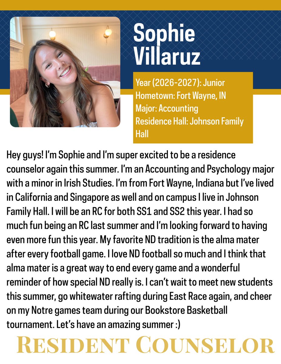 NDPreCollege's tweet photo. Summer at Notre Dame hits different, and our 2026 Resident Counselors are ready to show you why! Let's meet a few. 
#ndprecollege #notredameprecollege #dosomethingextraordinary https://t.co/WL1DcnUIm5
