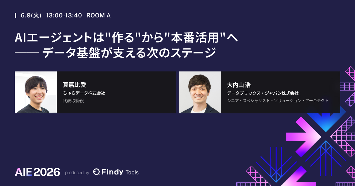 findy_tools's tweet photo. 📢AI Engineering Summit Tokyo 2026まであと5日‼️

エージェントの本番活用をどう実現するか。ちゅらデータ株式会社の真嘉比氏とデータブリックス・ジャパン株式会社の大内山氏が登壇💡統制やガバナンス、データ基盤の視点から、現場の課題と本番運用の最新知見を公開✨

#AIE2026_findy https://t.co/Cv5KBHgUd8
