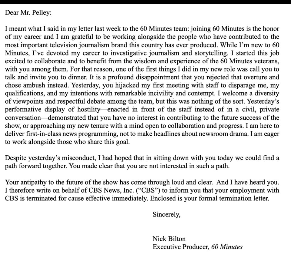 davidfolkenflik's tweet photo. News: CBS has terminated Scott Pelley's contract after his fiery denunciation of new 60M exec producer Nick Bilton and leadership of Bari Weiss.

In note to Pelley, obtained by NPR, Bilton said he "hijacked" first meeting with show's staff and refused constructive path forward. https://t.co/DybjI6cMlF