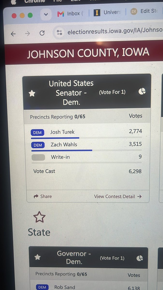 AnnaOlson2006's tweet photo. The first votes for Johnson County came in. While Josh Turek leads the state, Zach Wahls currently is winning by a small margin in his home county. @TheDailyIowan https://t.co/LjS0bp5uQi