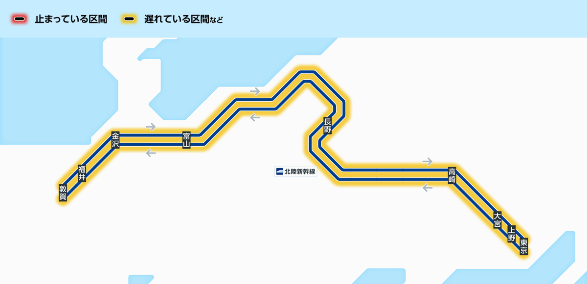 jrwest_Shinkan's tweet photo. 6月3日10時46分現在： 電力設備トラブルのため、次の列車に遅れがでています。  【東京⇒金沢・敦賀方面】 ・かがやき501号（敦賀行き） 90分以上の遅れ ・かがやき503号（敦賀行き） 約50分遅れ ・かがやき525号（金沢行き） 約20分遅れ  【敦賀・金… #JR西日本 #北陸新幹線 https://t.co/BrtBEgQ1xz https://t.co/t5JLkGDZbw
