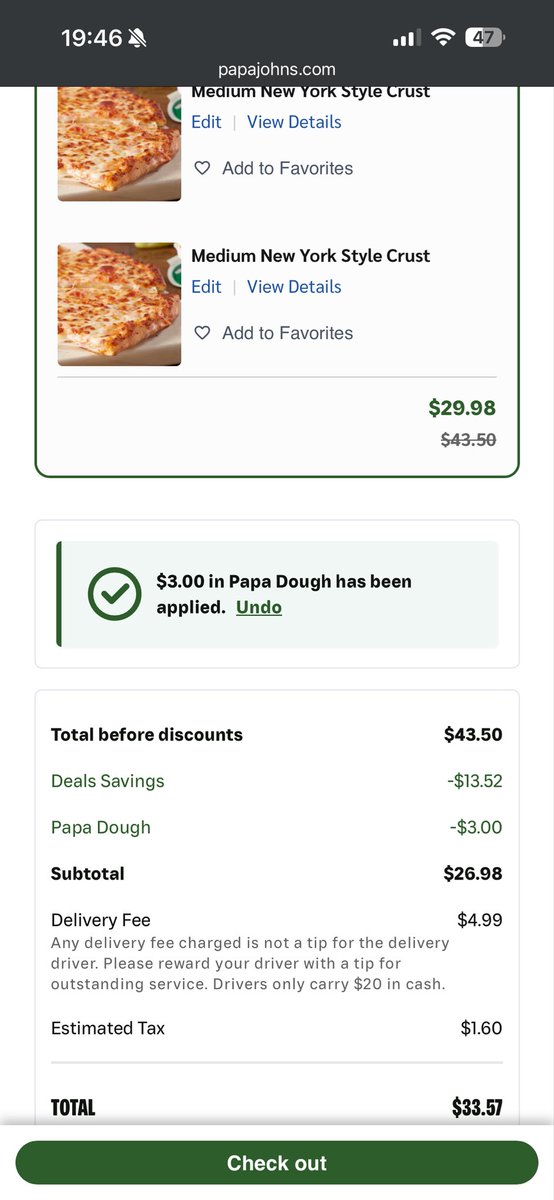 aaronmcbaron's tweet photo. @PapaJohns do y’all know how to do math? wtf is this?  How does my 20 dollar cart.. come to 33 dollars after taxes and delivery fees? The taxes are roughly 1$ and delivery fee is 5$. Last I checked that’s 26 dollars. Where is this other 7 dollars coming from what the fuck? https://t.co/RevQ0Iz4wZ