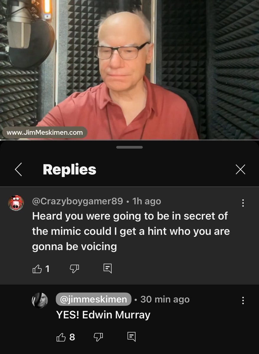 FNaFNegativity's tweet photo. Secret of the Mimic - Voice Cast Leak

Edwin Murray is voiced by Jim Meskimen, who, perhaps unknowingly, leaked his own role by replying "YES! Edwin Murray!" in response to a question by a fan in his own comment section. https://t.co/bla6TYbrPy
