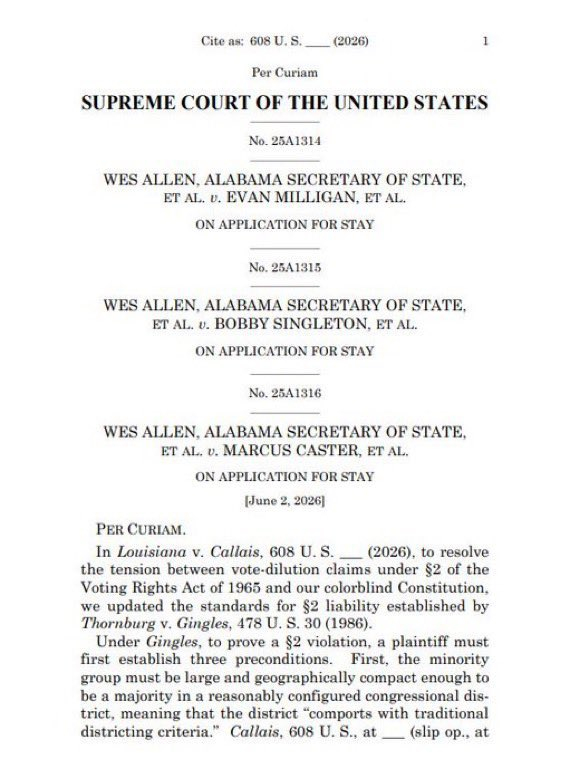 ElectionWiz's tweet photo. JUST IN: US Supreme Court ALLOWS Alabama to use the new Redistricted congressional map, which eliminates one of two majority-Black districts https://t.co/jHAoGgzsgv