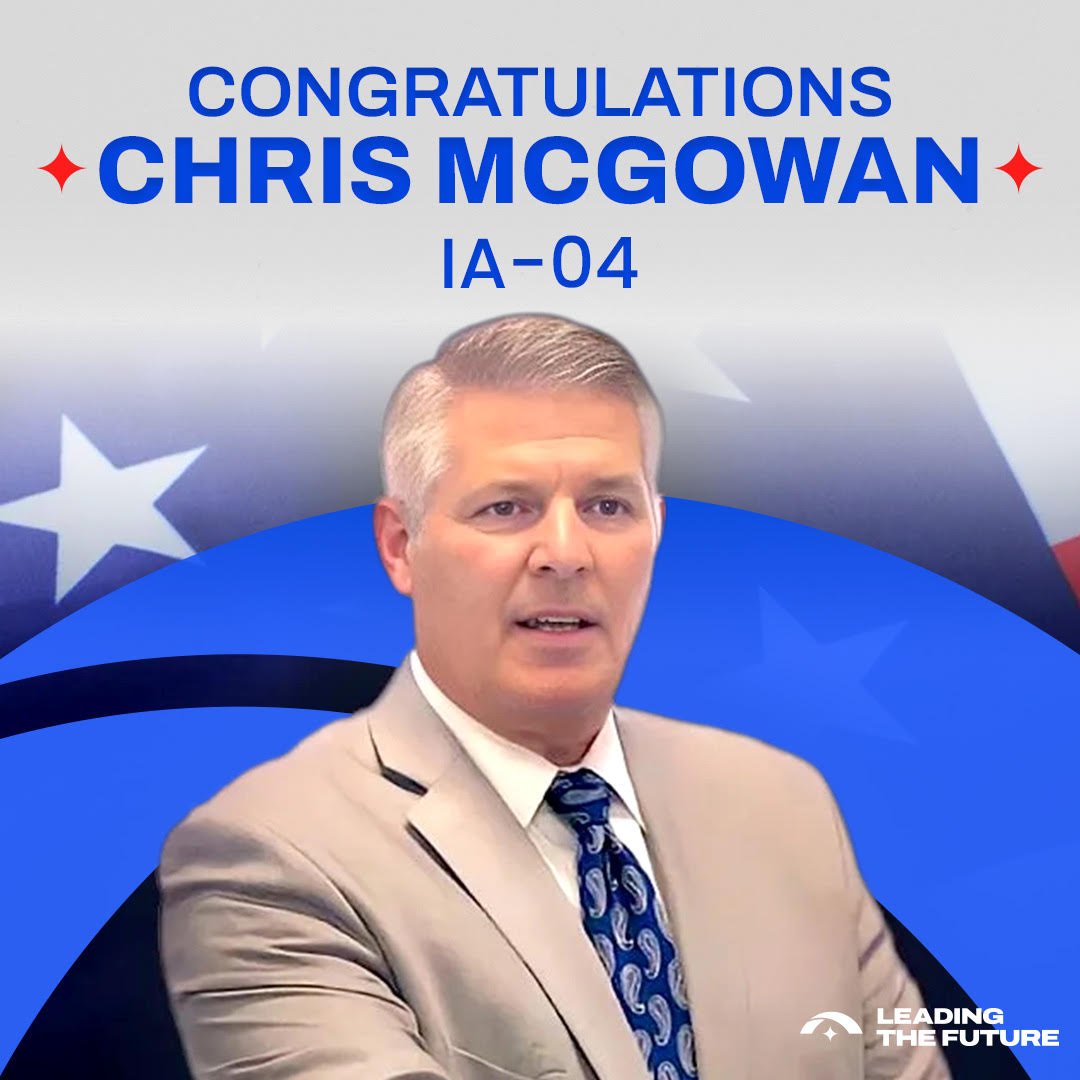LeadingFutureAI's tweet photo. Chris McGowan’s victory shows voters responded to his vision for stronger communities, economic growth, and a brighter future for Iowa. Chris understands that Congress has a critical role to play in advancing AI policy that keeps the U.S. globally competitive, creates jobs for American workers, and protects children and communities. We’re proud to have backed Chris in this race and look forward to seeing his leadership continue for years to come.