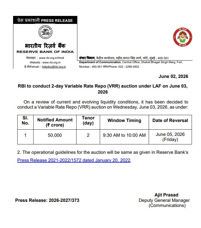 CNBCTV18Live's tweet photo. #RBI to conduct 2-day Variable Rate Repo (#VRR) auction worth Rs 50,000 cr under LAF on June 03,
2026 https://t.co/BHlpQ9syAp