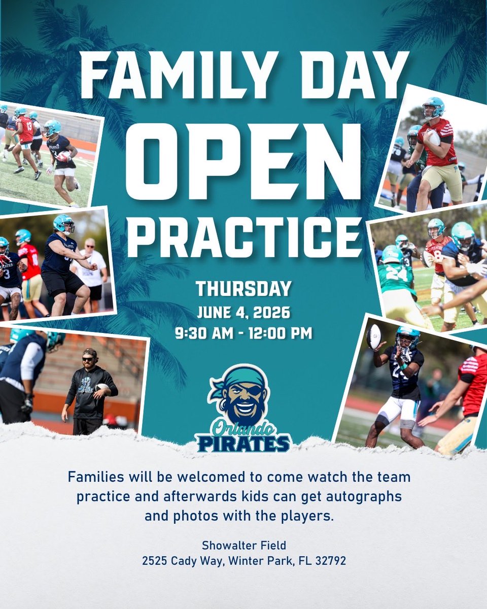 OrlPirates's tweet photo. Bring the family out to Showalter Field this Thursday for a special open practice experience with the Orlando Pirates. Watch the team get ready for game day, then stick around after practice for autographs and photos with the players

📍 Showalter Field
🗓 Thursday, June 4
⏰ 9:30am-12:00pm

See you there, Pirates Nation.

#orlandopirates #piratesnation #winterparkfl