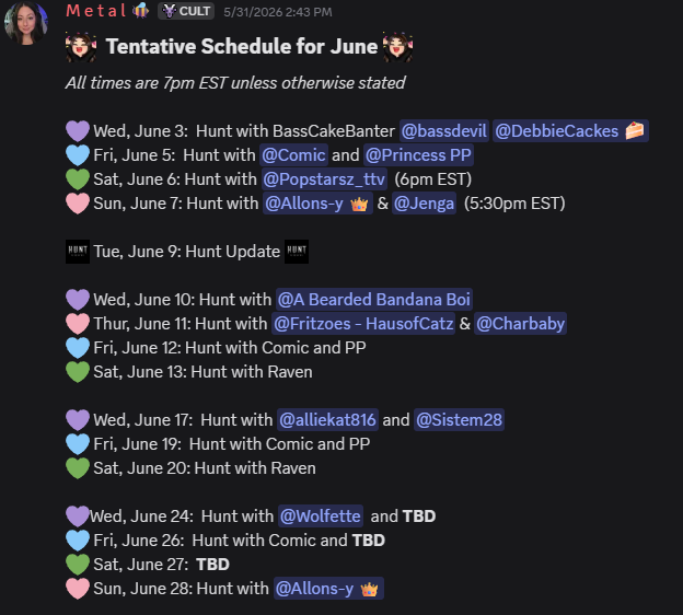Metalanie_'s tweet photo. Schedule is filling up this month with amazing collabs with awesome people! 🥰
Interested in games with me (Hunt or otherwise) hit me up! <3 https://t.co/JVLuSLyCk8