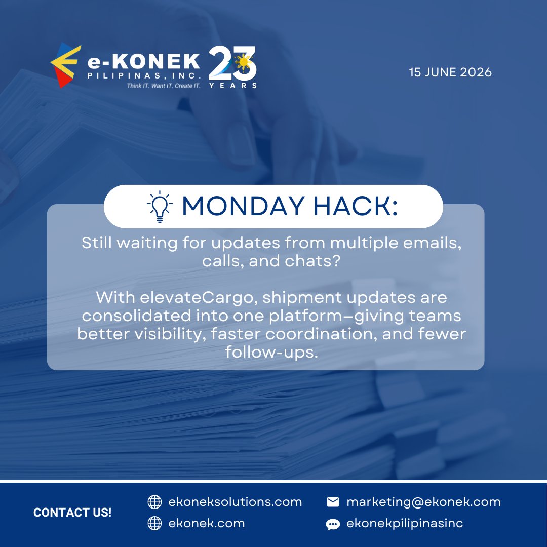 e_Konek's tweet photo. Less time chasing updates. More time making decisions.

e-Konek helps businesses streamline information flow, improve visibility, and keep operations moving efficiently.

#eKonek #ThinkITWantITCreateIT https://t.co/l3lngZIUyq