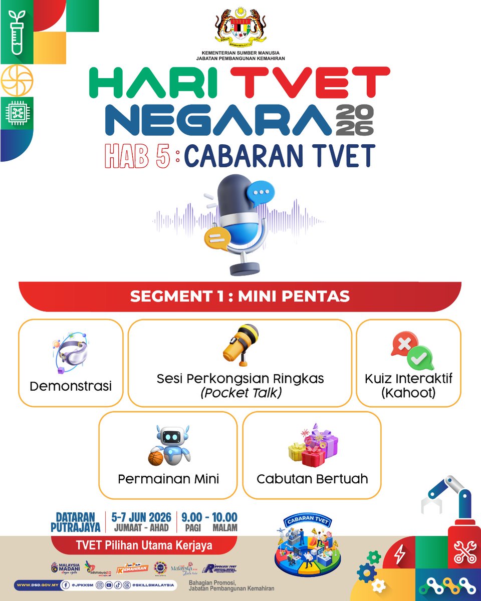 mykesuma's tweet photo. π¨ Cabaran TVET menanti anda di Hari TVET Negara 2026!
Terokai Future Skills Showcase, sertai aktiviti Mini Pentas, saksikan TVET Drone Soccer League 2026 dan Galeri Gemilang WorldSkills Malaysia.
π Dataran Putrajaya π
5β7 Jun 2026 β° 9.00 pagiβ10.00 malam
#HTN2026 https://t.co/GCNL0D3zLd