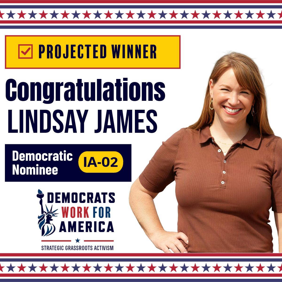 RachelAzzara's tweet photo. Congratulations! LINDSAY JAMES is the Democratic nominee for IA-02! On to November!
#IA02 #WinBlue https://t.co/UjNvSjUiVc