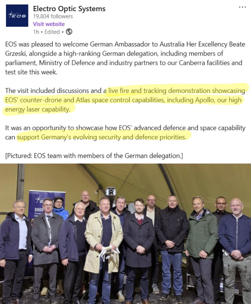 OptimusDelta's tweet photo. Wrote this article a few months ago on the Europe opportunity for $EOS.AX 

Momentum is starting to pick up speed, as per the recent Linkedin post by the company. 

Two German delegations have made the trip to Canberra specifically to see $EOS.AX in the last 10 weeks. 

You don't send your Defense Minister and then your Ambassador to the other side of the world to look at something you're not serious about buying 🫦