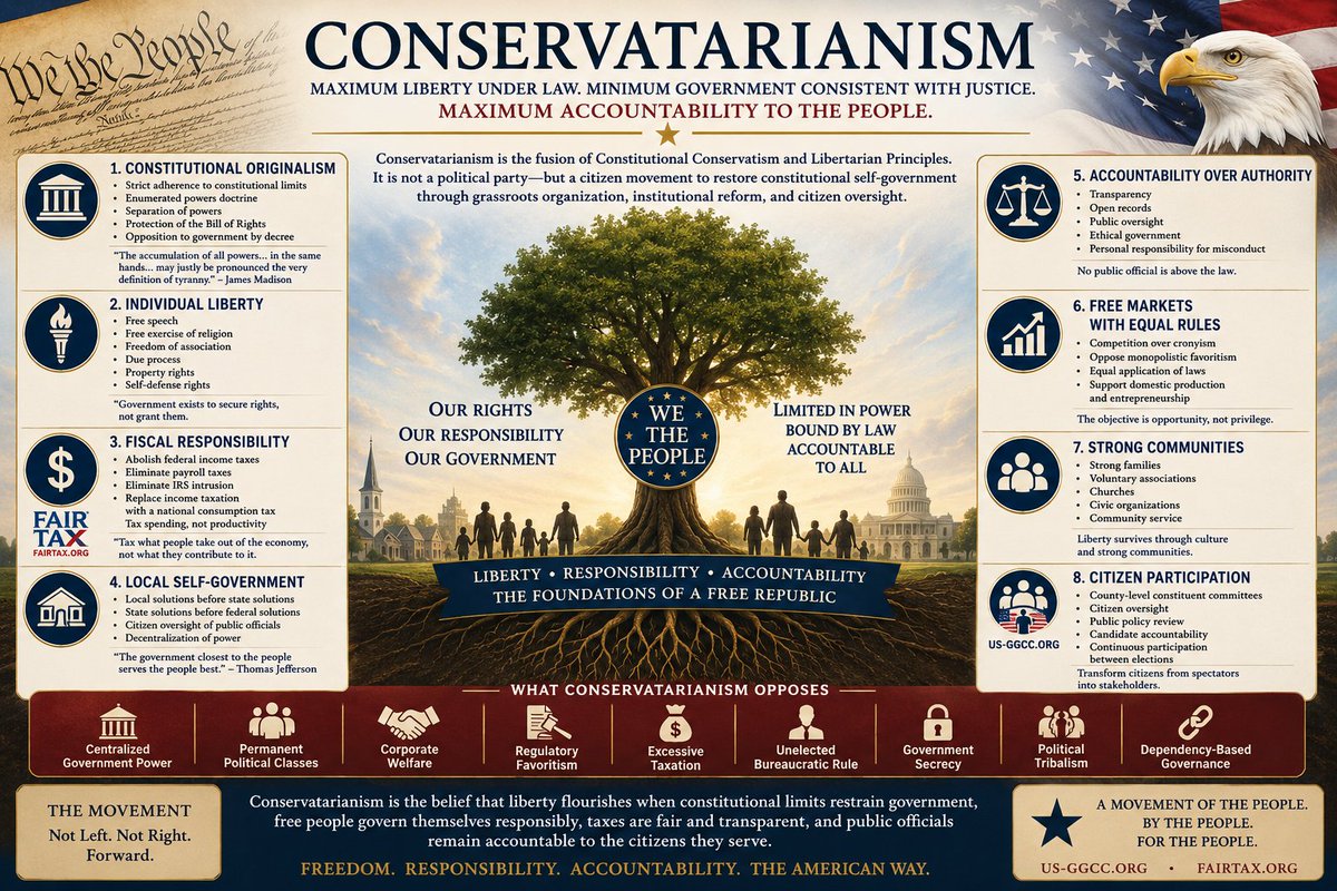 RonBartels7's tweet photo. What Is Conservatarianism? 

A Constitutional Conservative and Libertarian Framework

Why limiting power, protecting liberty, and restoring self-government still matter

Author: Ronomundo

Abstract: Conservatarianism argues that liberty lasts only when power is restrained. It brings constitutional conservatism and libertarian principles together around a single claim: free people remain free only when government is limited, law is applied equally, markets remain open, communities remain strong, and citizens stay engaged in self-government.
 
American politics often speaks as if constitutional conservatism and libertarianism must eventually part ways. Conservatarianism starts with a different observation: both traditions are strongest when they recognize the same core threat—the concentration of power beyond effective constitutional and civic restraint.

If liberty is to endure, it cannot rest on slogans or outrage alone. It requires a constitutional order that divides authority, protects rights, and preserves the local institutions and civic habits through which free people learn to govern themselves.

This article argues that Conservatarianism offers a coherent framework for meeting that challenge by joining limited government, liberty under law, fiscal restraint, local self-government, and active citizen oversight into a single constitutional vision.

The principles that follow are not presented as disconnected preferences, but as parts of a single argument: that freedom is most secure when power is limited, law is predictable, responsibility is personal, and political authority remains answerable to the people.

The central claim of Conservatarianism is that liberty is most secure when government is constitutionally restrained, justice is applied equally, and citizens remain active participants in public life.
Accordingly, Conservatarianism is best understood not merely as an electoral preference or partisan label, but as a citizen-centered movement for restoring constitutional self-government through institutional reform, local engagement, and cultural renewal.

That concern also helps explain why George Mason, one of the leading Anti-Federalists, remains relevant to this argument. Mason warned that liberty could be endangered when representation becomes remote, rights are insufficiently secured, and national power grows detached from the daily lives of the people. Whatever one makes of every Anti-Federalist objection, his insistence on a declaration of rights and meaningful limits on centralized authority reinforces the Conservatarian conviction that constitutional liberty depends on both restrained power and vigilant citizens.

Core Principles of Conservatarianism

1. Constitutional Originalism

From this perspective, government possesses legitimate authority only by the consent of the governed, and it should exercise only those powers that have been constitutionally delegated to it.
• Strict adherence to constitutional limits. 
• Enumerated powers doctrine. 
• Separation of powers. 
• Protection of the Bill of Rights. 
• Opposition to government by executive decree. 

As James Madison wrote in Federalist No. 47: "The accumulation of all powers, legislative, executive, and judiciary, in the same hands... may justly be pronounced the very definition of tyranny."
________________________________________

2. Individual National Liberty Alliance
Individuals are sovereign over their own lives so long as they do not violate the equal rights of others.
• Free speech. 
• Free exercise of religion. 
• Freedom of association. 
• Due process. 
• Property rights. 
• Self-defense rights. 

Government exists to secure preexisting rights, not to create them. This principle echoes the Declaration of Independence, which states that governments derive "their just powers from the consent of the governed."
________________________________________

3. Fiscal Responsibility

In fiscal policy, this framework argues for simplicity, transparency, and tighter constitutional limits on federal intrusion into personal and economic life.
• Abolish federal income taxes. 
• Eliminate payroll taxes. 
• Eliminate IRS intrusion into personal finances. 
• Replace income taxation with a national consumption tax. 
• Tax spending rather than productivity. 

Its basic view is: Tax what people take out of the economy, not what they contribute to it.
________________________________________

4. Local Self-Government

Power should rest as close to the people as possible.
• Local solutions before state solutions. 
• State solutions before federal solutions. 
• Citizen oversight of public officials. 
• Decentralization of power. 

This principle reflects the federalist view that public power should remain as close to the people as practicable and that undelegated powers are reserved to the states or to the people themselves.
As James Madison wrote in Federalist No. 45, "The powers delegated by the proposed Constitution to the federal government are few and defined."
________________________________________

5. Accountability Over Authority

No public official is above the law.
• Transparency. 
• Open records. 
• Public oversight. 
• Ethical government. 
• Personal responsibility for misconduct. 

No badge, robe, title, or office should place any public official beyond the reach of justice, scrutiny, or lawful accountability.
________________________________________

6. Free Markets with Equal Rules
Government should set fair rules for commerce, enforce them evenly, and avoid directing the economy from the top down.
• Competition over cronyism. 
• Oppose monopolistic favoritism. 
• Equal application of laws. 
• Support domestic production and entrepreneurship. 

The objective is opportunity rather than privilege.
________________________________________

7. Strong Communities

Conservatarianism holds that liberty is sustained not only by legal protections, but also by the moral and civic habits cultivated through families, associations, congregations, and local institutions.
• Strong families. 
• Voluntary associations. 
• Churches. 
• Civic organizations. 
• Community service. 

Many social problems are better addressed by families, churches, charities, and civic institutions than by distant bureaucracies.
________________________________________

8. Citizen Participation

Citizens should do more than vote every few years; they should remain actively involved in public life and the oversight of government.

That includes local committees, public-policy review, candidate scrutiny, and sustained participation between elections.
• County-level constituent committees. 
• Citizen oversight. 
• Public policy review. 
• Candidate accountability. 
• Continuous participation between elections. 

The goal is to turn citizens from spectators into stakeholders. As James Madison wrote in Federalist No. 51, "A dependence on the people is, no doubt, the primary control on the government."
________________________________________

What Conservatarianism Opposes
• Centralized government power. 
• Permanent political classes. 
• Corporate welfare. 
• Regulatory favoritism. 
• Excessive taxation. 
• Unelected bureaucratic rule. 
• Government secrecy. 
• Political tribalism. 
• Dependency-based governance. 
________________________________________

Frequently Asked Questions About Conservatarianism

What is Conservatarianism?

Conservatarianism is a political framework that combines constitutional conservatism and libertarian principles. It emphasizes limited government, individual liberty, fiscal responsibility, local self-government, equal justice under law, and active citizen oversight.

How is Conservatarianism different from traditional conservatism and libertarianism?

It shares conservatism’s emphasis on constitutional order, accountability, and civil society, while also sharing libertarianism’s emphasis on personal freedom and limited state power. Its distinctive focus is to join both traditions in a citizen-led model of constitutional self-government.

What does Conservatarianism say about government power and taxes?

It holds that government should stay within constitutional limits, protect rights, enforce fair rules, and remain accountable to the people. In fiscal policy, it favors simpler, more transparent taxation and opposes unnecessary federal intrusion into private life.

Why does Conservatarianism emphasize local self-government and citizen participation?

It argues that liberty is strongest when public power stays close to the people and citizens remain involved between elections. Local oversight, civic participation, and decentralized decision-making are treated as essential safeguards against concentrated power.

Why This Argument Matters 

In an era of administrative expansion, polarized partisanship, and declining public trust, the central political question is no longer whether power will be exercised, but whether it will remain constitutionally bounded and publicly accountable. 

Conservatarianism answers that question by insisting that liberty survives only where authority is divided, citizens are vigilant, and institutions remain close enough to the people to be corrected by them.

For Americans who love their country, revere the Constitution, and yet have grown weary of partisan politics, this framework offers a different appeal. George Washington, in his Farewell Address, warned against the "baneful effects of the spirit of party" and cautioned that faction can become a vehicle by which ambitious figures "subvert the power of the people." Conservatarianism speaks directly to that concern by calling citizens away from political tribalism and back toward constitutional principle, local responsibility, and a shared duty to preserve republican liberty.

Institutional Reform Options

The following proposals are presented as institutional reform options rather than party platforms. They address questions of representation, federalism, accountability, and campaign finance that often arise in debates over constitutional self-government. Each proposal has supporters and critics, and each would involve serious legal, practical, and democratic tradeoffs.

House Representation and the One-for-Thirty-Thousand Clause
Article I, Section 2 of the Constitution states that the number of Representatives "shall not exceed one for every thirty Thousand," establishing a population ceiling rather than a fixed chamber size. 

Some reformers argue that a substantially larger House would bring representation closer to local communities, reduce the distance between citizens and lawmakers, and make congressional districts more responsive to neighborhood-level concerns. Critics, however, contend that a dramatic expansion of the House could create administrative burdens, complicate coalition-building, and make legislative procedure more unwieldy in a modern national government.

In current debates, this idea is often associated with proposals to restore smaller districts as a way to strengthen constituent access and dilute the influence of mass-media politics and nationalized campaign structures. Major questions would include chamber size, office capacity, cost, apportionment logistics, and whether greater numerical representation would in fact improve deliberation or simply reproduce existing partisan dynamics at a different scale.

Senate Selection, Federalism, and the Seventeenth Amendment 

The original Constitution provided that senators would be chosen by state legislatures, whereas the Seventeenth Amendment established direct election by the people of each state. Supporters of a return to legislative selection argue that the earlier model gave state governments a more direct institutional voice in federal policy and better reflected the Constitution’s federal structure. Defenders of direct election reply that the Seventeenth Amendment increased democratic accountability, reduced deadlocks in state legislatures, and made senators more directly answerable to the electorate.

Some reform discussions pair this proposal with broader ideas about staggering terms differently, changing where senators primarily conduct official business, or reducing the role of fundraising in senatorial politics. Such proposals are typically framed as efforts to strengthen federalism and reduce dependence on national donor networks, but they also raise questions about democratic legitimacy, constitutional amendment requirements, state-level variation, and the practical consequences of redesigning a long-settled institution.

Campaign Finance and Constituency-Based Donor Limits 

Another reform category focuses on restricting campaign donations to people within the constituency a candidate seeks to represent, such as registered voters in a congressional district, a state, or the nation as a whole in presidential elections. Proponents argue that this approach would align financial influence more closely with electoral stake holding, reduce dependence on outside donors, and make campaigns more responsive to the communities directly affected by the outcome. 

Opponents respond that donor restrictions raise substantial First Amendment and campaign-finance law questions, may be difficult to administer fairly, and could produce unintended advantages for incumbents, wealthy self-funders, or candidates in districts with unequal fundraising capacity.

In practice, constituency-based funding proposals are usually discussed alongside broader concerns about transparency, dark-money influence, donor disclosure, and the balance between anti-corruption goals and constitutional protections for political participation. Any such reform would need to address definitions of voter eligibility, enforcement mechanisms, independent expenditures, digital fundraising, and the interaction between federal election law and state voter-registration systems.

Conclusion

Conservatarianism ultimately contends that a free and durable republic cannot be sustained by electoral competition alone, nor by ideological branding detached from institutions. It requires a constitutional order that restrains power, protects liberty, distributes authority, and obliges citizens to remain participants rather than spectators in public life.

For that reason, Conservatarianism is not presented here as a temporary fusion or tactical alliance. It is offered as a principled effort to recover an older American understanding of freedom—one in which rights and responsibilities, liberty and order, markets and morality, and local institutions and constitutional limits are understood to reinforce one another.

Its central ambition is not merely to win office, but to restore the habits, institutions, and constitutional boundaries without which republican liberty cannot endure—and to offer a home for Americans who value ordered freedom more than partisan combat.

© 2026 Ronomundo. All rights reserved. Permission is granted to share this document only if it is copied and distributed in full, without alteration.