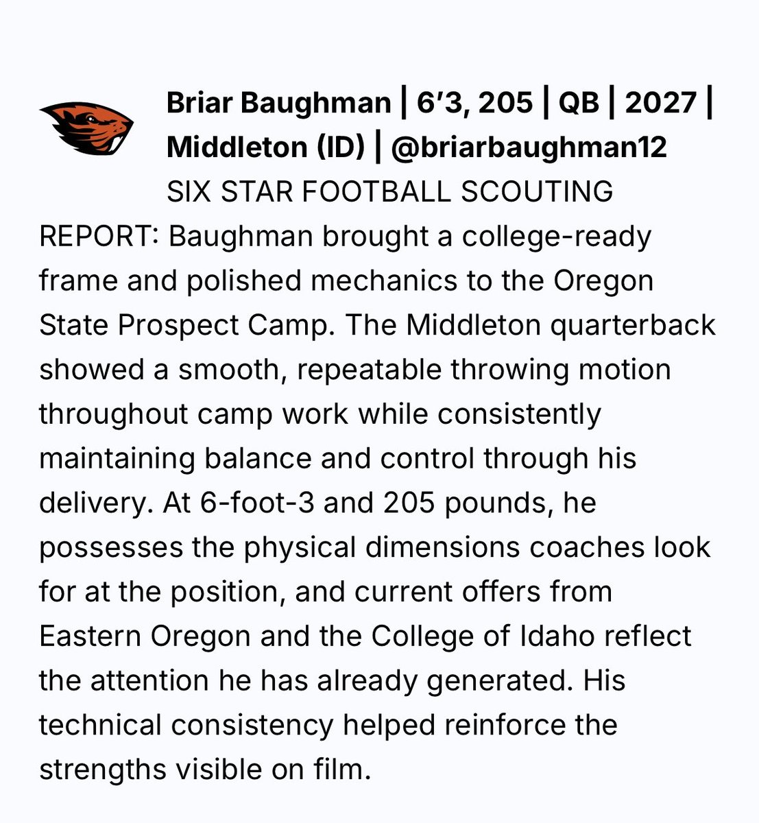 briarbaughman12's tweet photo. Thanks to @sixstarfootball for the write up! @mhartline59 @SamKing10 @PrepRedzoneID @BrandonHuffman @IdahoRecruitHub @CoachLeeMarks @mitchdahlen4 https://t.co/DEgx7NcuIr
