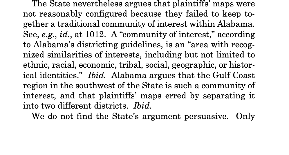 srl's tweet photo. In 2023, chief justice John Roberts &amp; SCOTUS majority said Alabama's argument for a "community of interest" along the gulf coast was BS. 

Tonight, SCOTUS takes a reversal and says that a court-ordered map was not legal because it failed to keep Gulf coast comunity together https://t.co/kbWUNGNbdQ