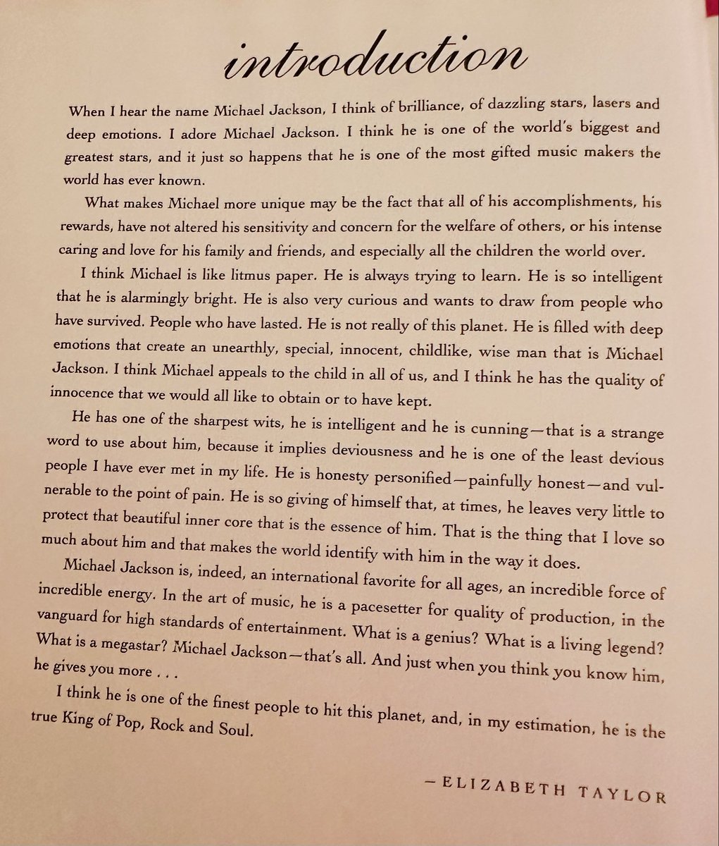 mgeniusjackson's tweet photo. Elizabeth Taylor described MJ best! This is an introduction she wrote in a book I have called “Dancing the Dream. 

“He is not of this planet. He is filled with deep emotions that create an unearthly, special, innocent, childlike, wise man that is Michael Jackson.”❤️🥹👑 https://t.co/o7TKLOvYXY