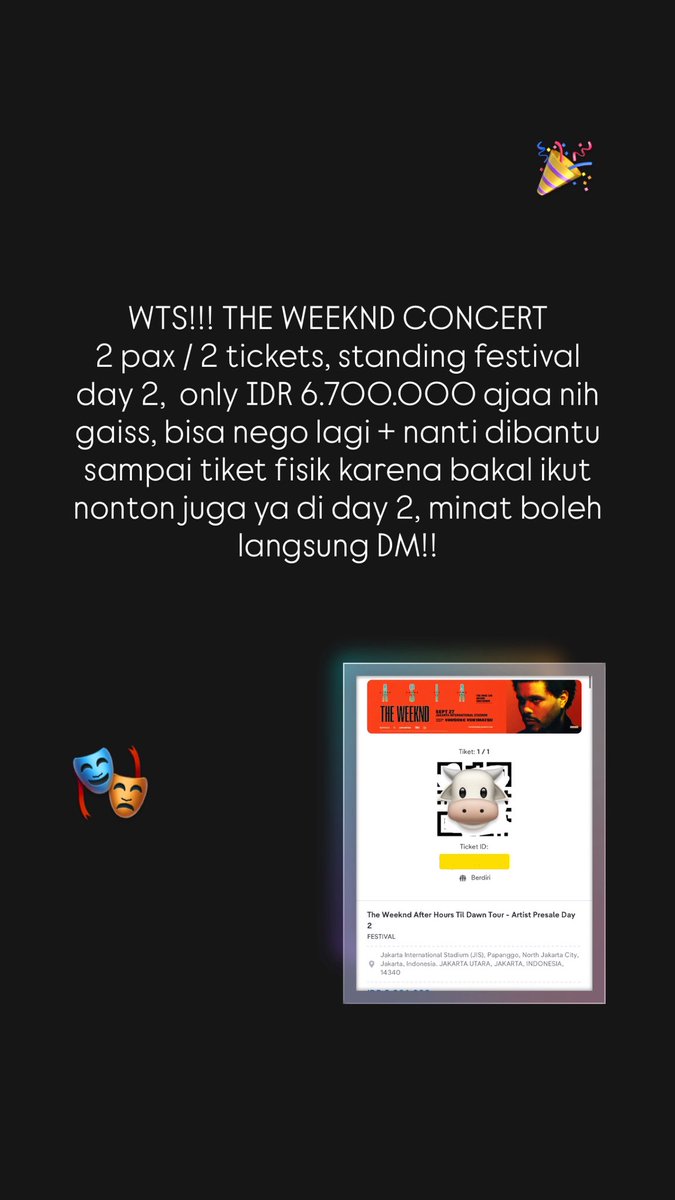 myfreespace__'s tweet photo. masih wts the weeknd concert, festival day 2, jual 2 pax yah gais, makin turun harga nih yang penting laku deh hahahah 🥹🙏 boleh nego lagi kokk, minat dm yaaa #theweekndconcert #theweekndasia #wts #jakarta https://t.co/z1tYQBhs9B
