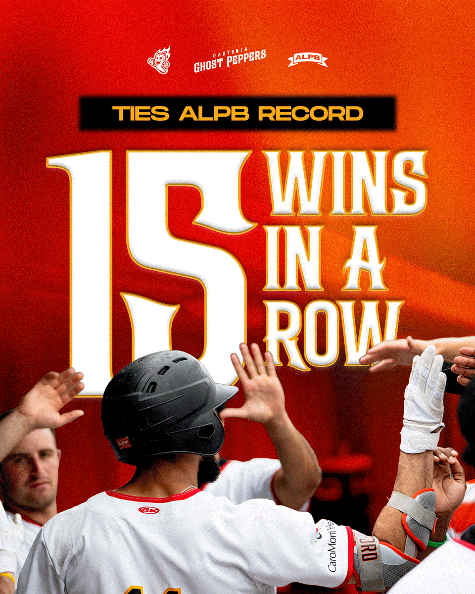 GasGhostPeppers's tweet photo. HISTORY TIED. 🔥 15 straight wins. The Ghost Peppers have matched the ALPB record for consecutive victories. 👏

Tomorrow night, we have the chance to stand alone. Be there as the Peppers look to make history at home. 
🎟️ https://t.co/ANoonhKUUm https://t.co/rKdnoD1FWt