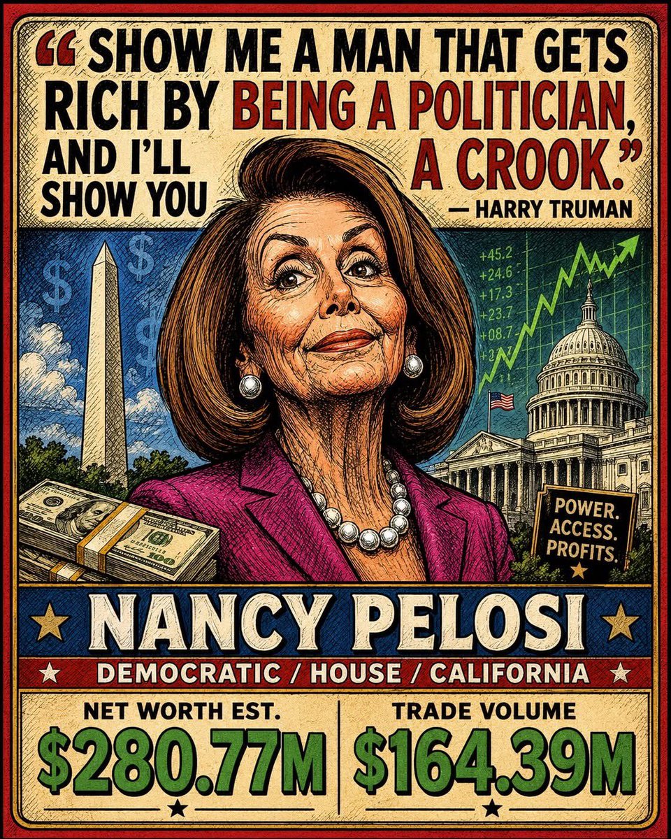 ToniLL22's tweet photo. Why are democrats above the law? It’s obvious they are untouchable! They commit all kinds of illegal acts, break the law, fraud, corruption. . . 
Still No CoNViCTioNS! 🔥👇🔥

This meme hits one of the biggest frustrations ordinary Americans have with Washington.

Harry Truman once said, “Show me a man that gets rich by being a politician, and I’ll show you a crook.”

Whether people agree with every word or not, the point lands because millions of Americans have looked at Congress and asked the same basic question.

How do so many people go to Washington on a government salary and somehow come out wildly wealthy?

Most Americans work for decades, pay their taxes, save what they can, worry about groceries, insurance, mortgage rates, medical bills, and retirement. 

They do not have access to insider briefings, pending legislation, committee hearings, federal contracts, defense spending debates, bailout talks, regulatory decisions, and the entire machinery of government.

Members of Congress do.

And that is exactly why the public is right to be suspicious.

The problem is not success. Americans do not hate wealth. This country was built on the idea that people should be free to build, invest, risk, work, and prosper.

The problem is when political power starts looking like a private investment strategy.

The people who write the rules should not appear to be personally profiting from knowing where those rules are headed. 

They should not be able to sit in rooms where decisions are made, then watch their portfolios magically move in the right direction.

At some point, the question becomes unavoidable.

Are these people public servants, or are they members of an elite club using public office as a wealth machine?

That is why congressional stock trading and unexplained political wealth make people so angry. 

It feels like there are two systems in America. 

One for regular citizens who play by the rules, and another for the powerful who seem to know the rules before anyone else.

If Congress wants trust, it should start with real transparency, real ethics rules, and a real ban on members trading individual stocks while in office.

Until then, Americans are going to keep asking the obvious question.

How does this keep happening?