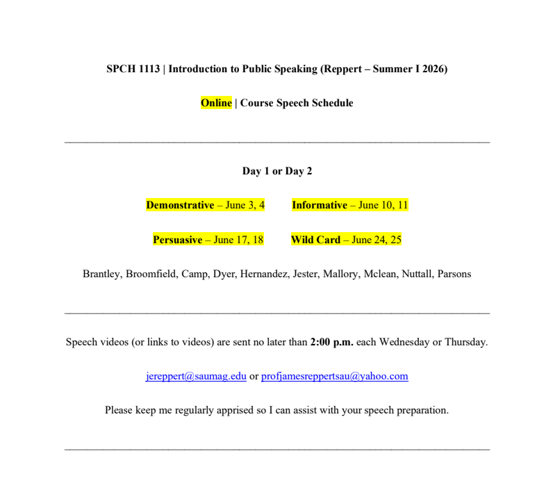 ProfJReppertSAU's tweet photo. #SPCH1113 - SAU Course Speech Schedule (Summer I 2026) - SPCH 1113/Introduction to Public Speaking - Online (PDF) | https://t.co/y3fgr4gISd https://t.co/E2KjnQy9Yc