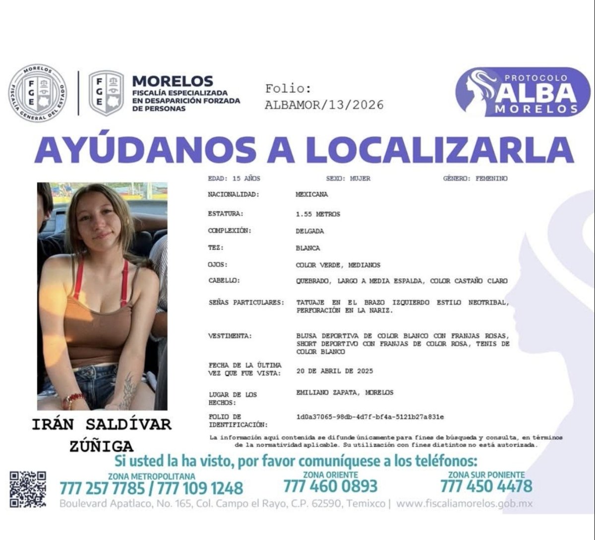 ReporteMxNotic1's tweet photo. Sigue la búsqeuda de Irán Saldivar Zúñiga, desaparecida desde el 20 de abril de 2025 en el municipio de Emiliano Zapata, Morelos
#HastaEncontrarla @Fiscalia_Mor @FGRMexico @SSPCMexico
https://t.co/xkH3Gsz0Uq https://t.co/FwcLaDo0Lj