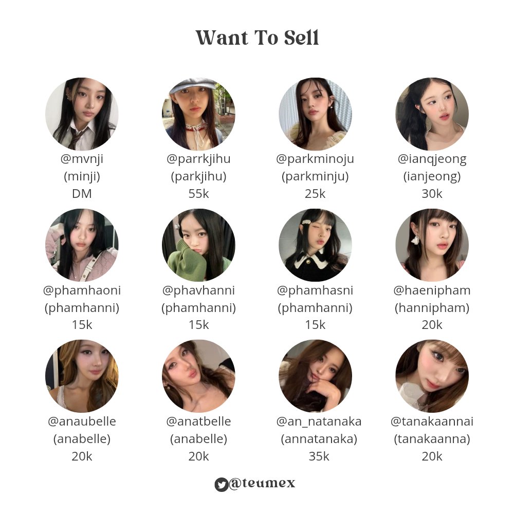 teumex's tweet photo. Ufs usn minji parkjihu parkminju ianjeong phamhanni hannipham anabelle annatanaka tanakaanna hantaesan hongmingi aerichan staycisa kimminju

@ newjeans actress minju illit hanni h2h ian anna meovv taesan bonedo giselle stayc belle kiof gg bg username fs wtb wts #zonaba #zonauang https://t.co/V0FGIlseXN