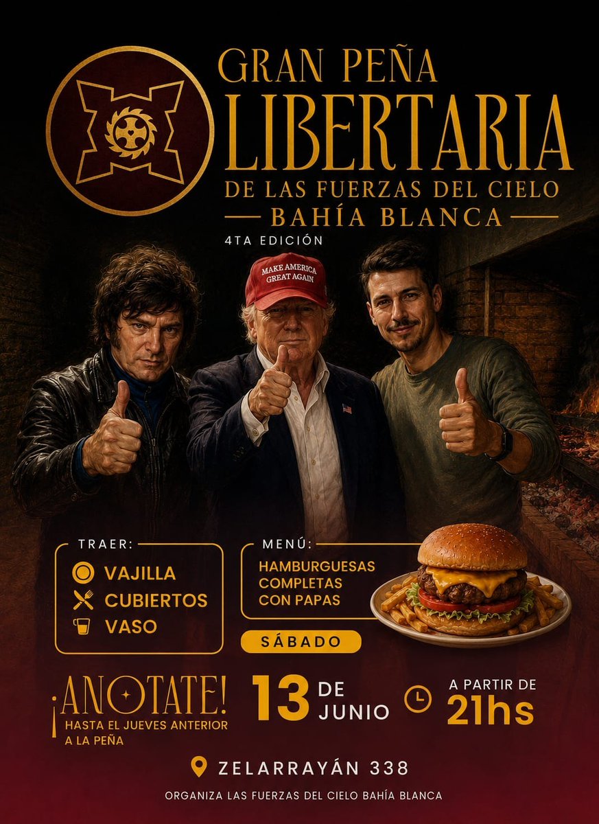 diegodecascos's tweet photo. 🍔 ¡Se viene una nueva Peña de Fuerzas del Cielo!

Una noche para compartir buena comida, charlas y seguir construyendo comunidad. Completá el formulario y reservá tu lugar.

📝 Formulario de inscripción:
https://t.co/aZPBjmGQAf

¡Te esperamos! https://t.co/WoBFHeCrS8